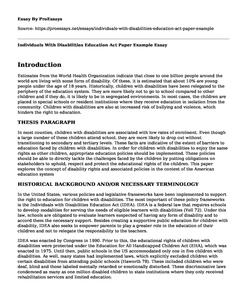 Individuals With Disabilities Education Act Paper Example