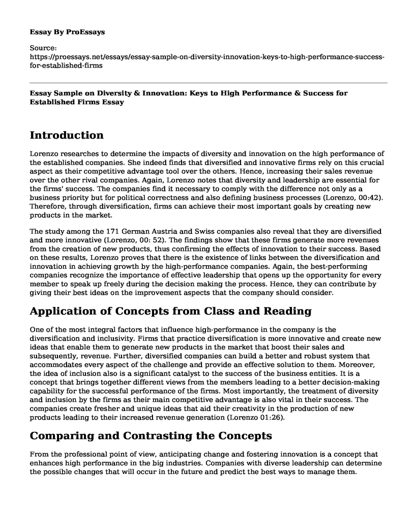 Essay Sample on Diversity & Innovation: Keys to High Performance & Success for Established Firms