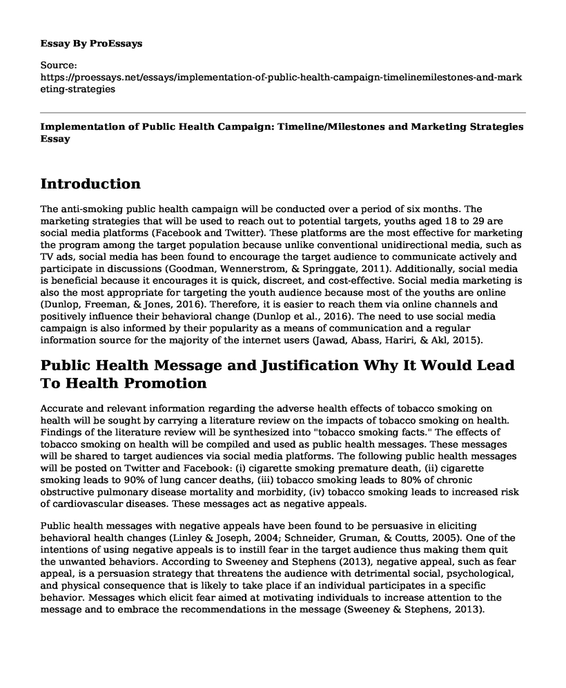 Implementation of Public Health Campaign: Timeline/Milestones and Marketing Strategies