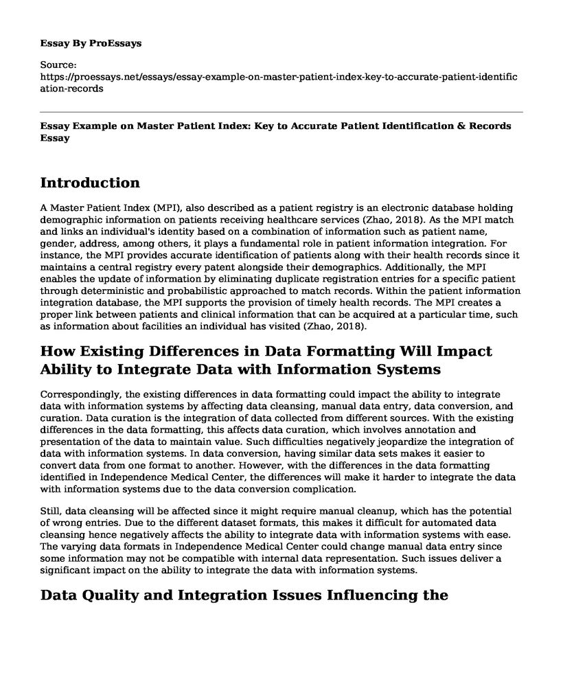 Essay Example on Master Patient Index: Key to Accurate Patient Identification & Records