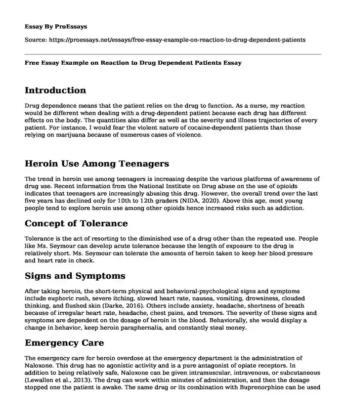 Free Essay Example on Reaction to Drug Dependent Patients