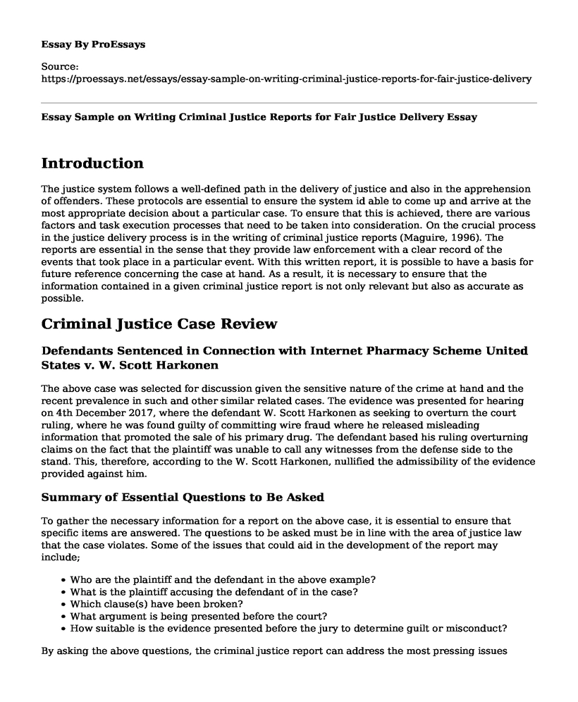 Essay Sample on Writing Criminal Justice Reports for Fair Justice Delivery