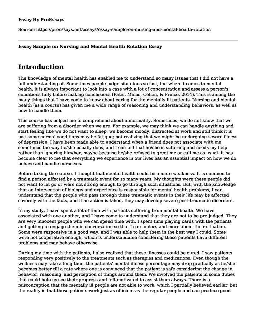 Essay Sample on Nursing and Mental Health Rotation