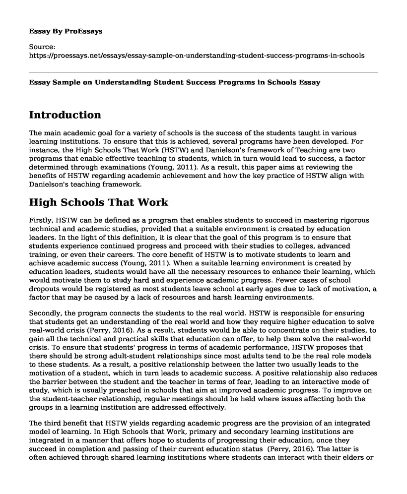 Essay Sample on Understanding Student Success Programs in Schools