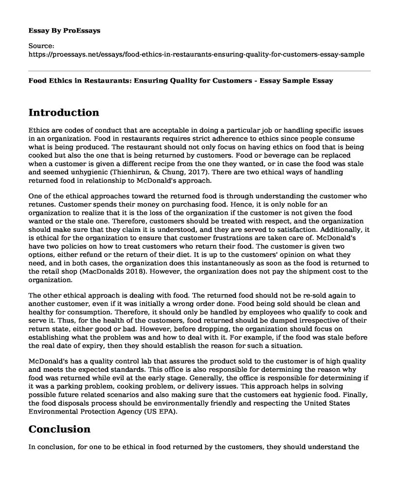 Food Ethics in Restaurants: Ensuring Quality for Customers - Essay Sample