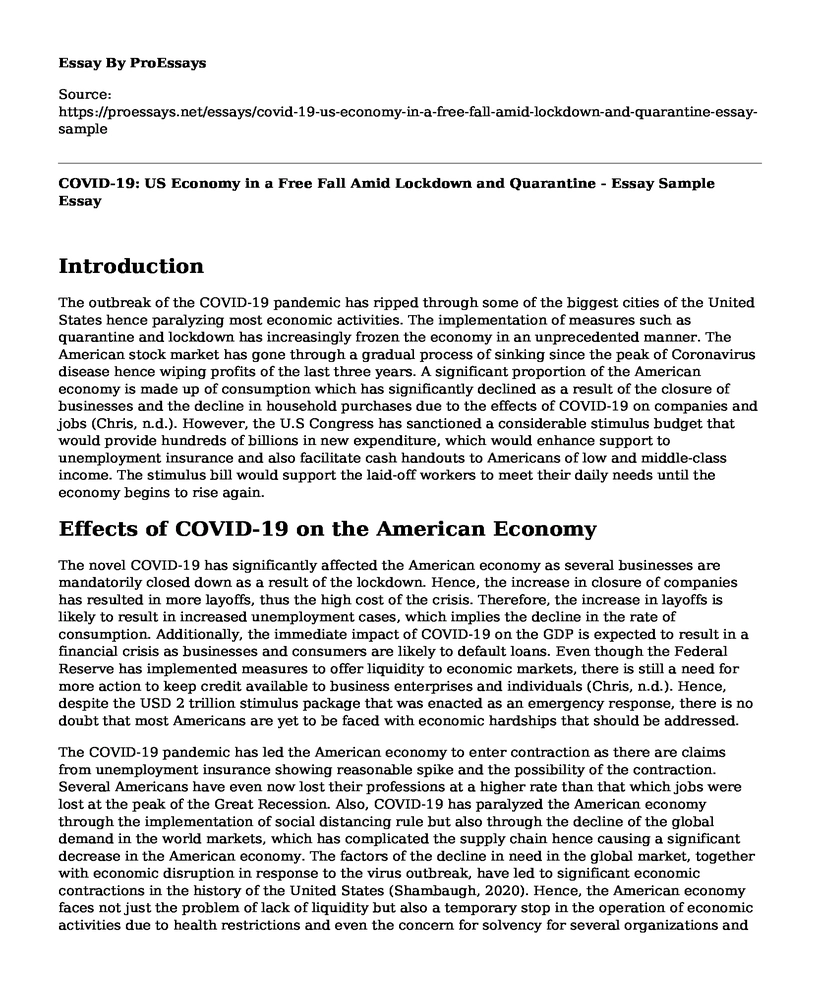 COVID-19: US Economy in a Free Fall Amid Lockdown and Quarantine - Essay Sample
