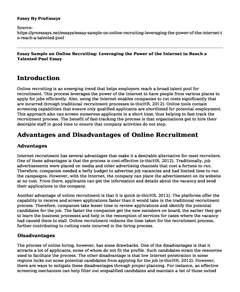 Essay Sample on Online Recruiting: Leveraging the Power of the Internet to Reach a Talented Pool