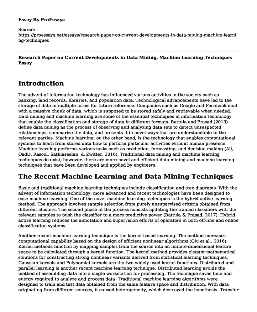 Research Paper on Current Developments in Data Mining, Machine Learning Techniques