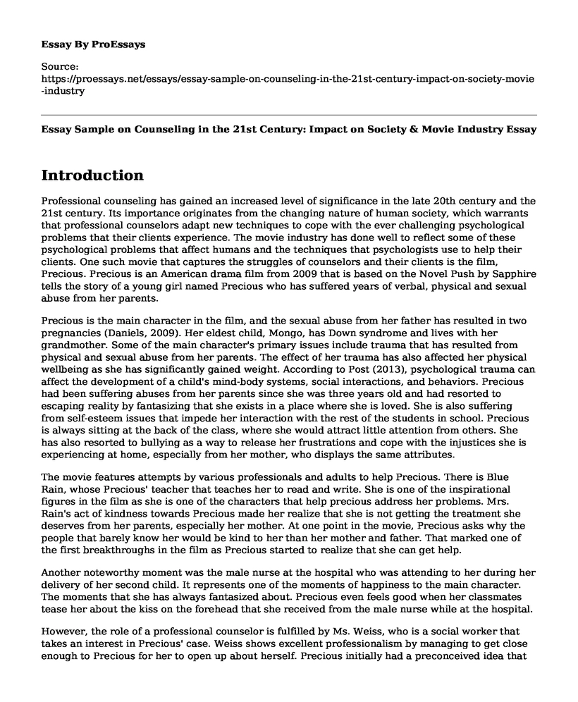Essay Sample on Counseling in the 21st Century: Impact on Society & Movie Industry
