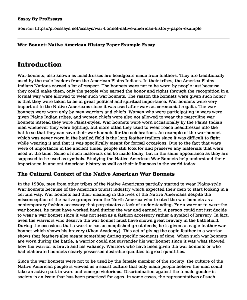War Bonnet: Native American History Paper Example
