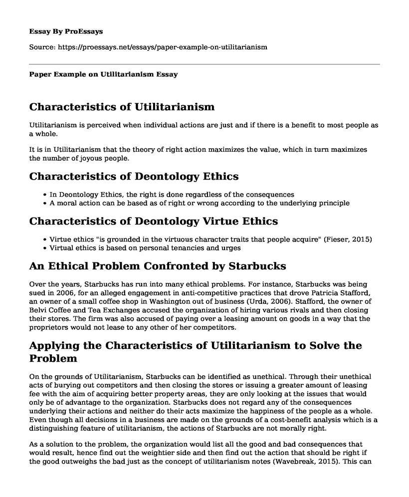 Paper Example on Utilitarianism