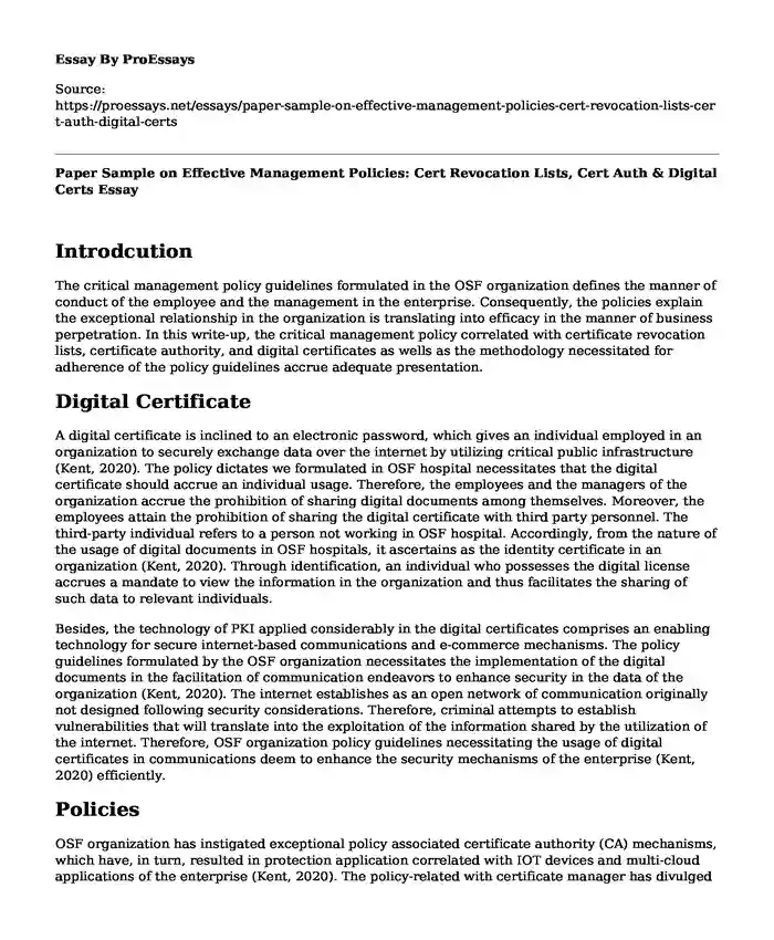 Paper Sample on Effective Management Policies: Cert Revocation Lists, Cert Auth & Digital Certs