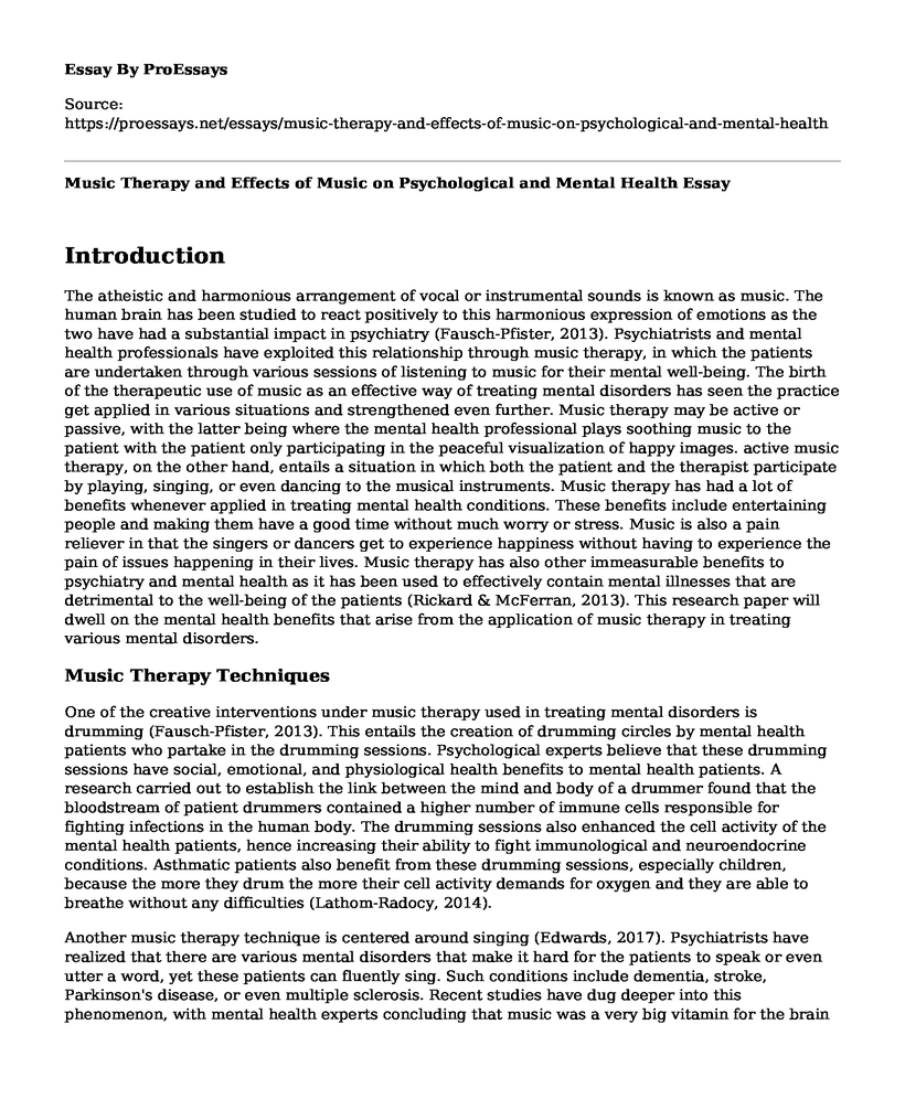 Music Therapy and Effects of Music on Psychological and Mental Health
