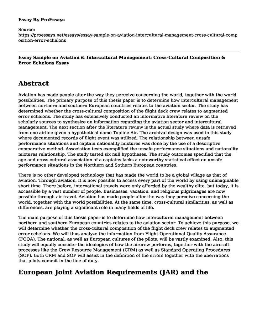 Essay Sample on Aviation & Intercultural Management: Cross-Cultural Composition & Error Echelons