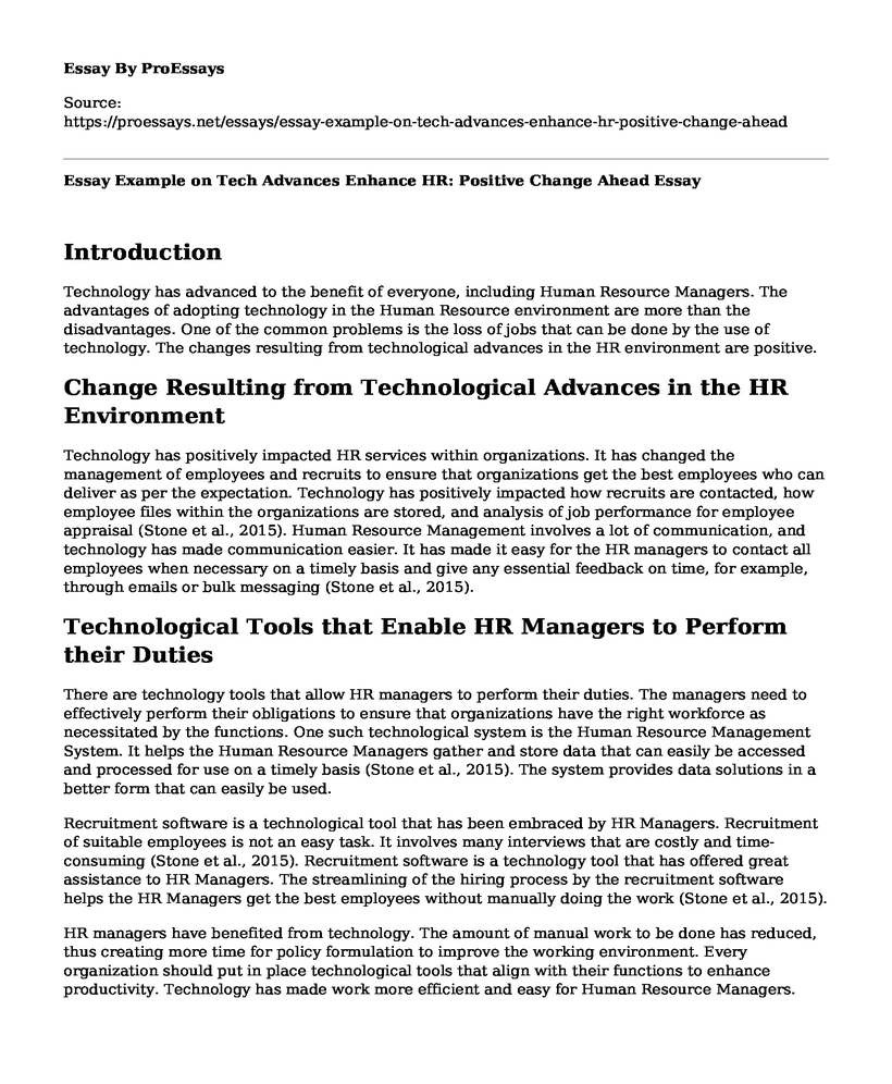 Essay Example on Tech Advances Enhance HR: Positive Change Ahead
