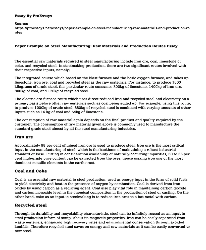 Paper Example on Steel Manufacturing: Raw Materials and Production Routes