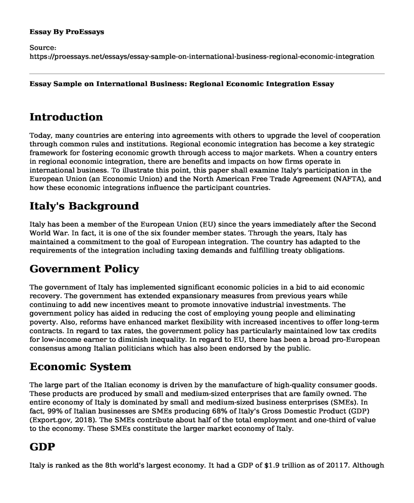 Essay Sample on International Business: Regional Economic Integration