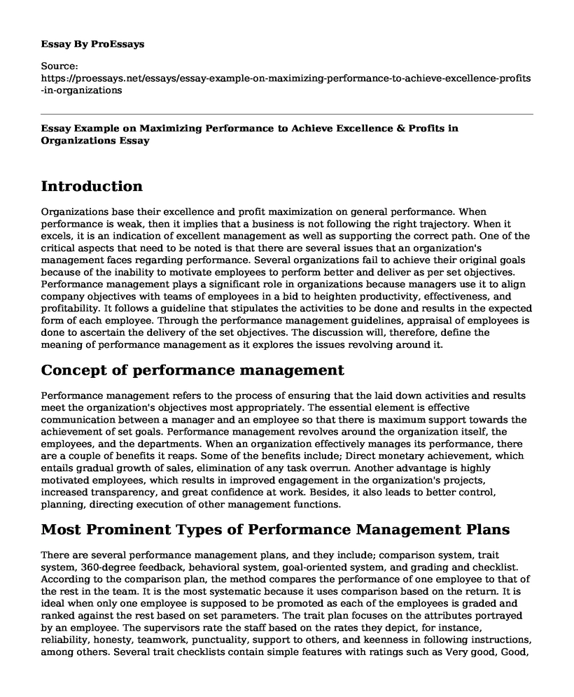 Essay Example on Maximizing Performance to Achieve Excellence & Profits in Organizations