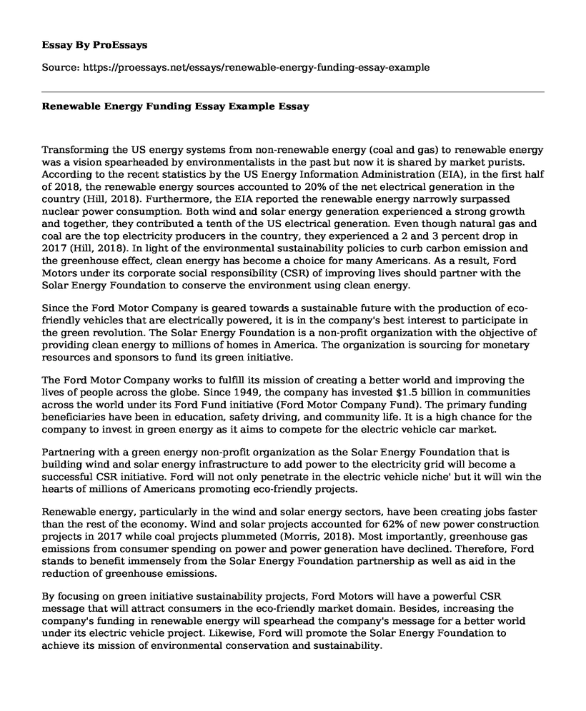 Renewable Energy Funding Essay Example