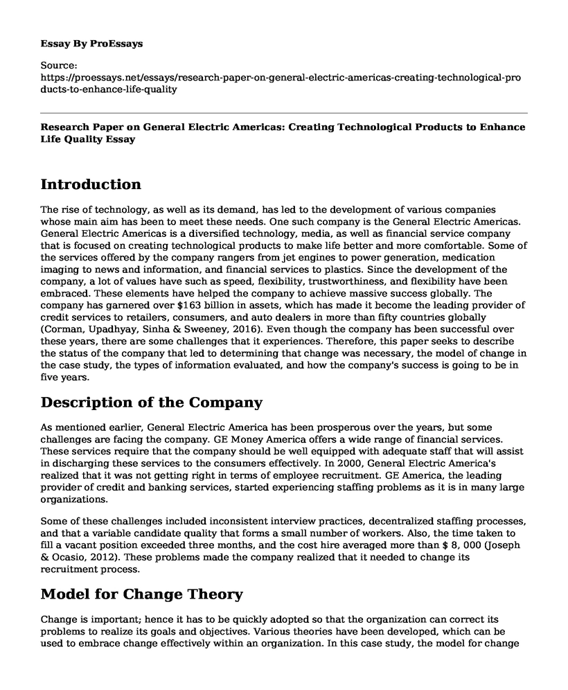 Research Paper on General Electric Americas: Creating Technological Products to Enhance Life Quality