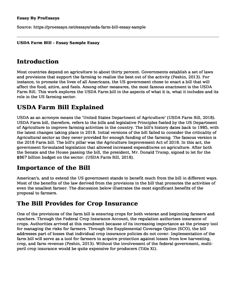 USDA Farm Bill - Essay Sample