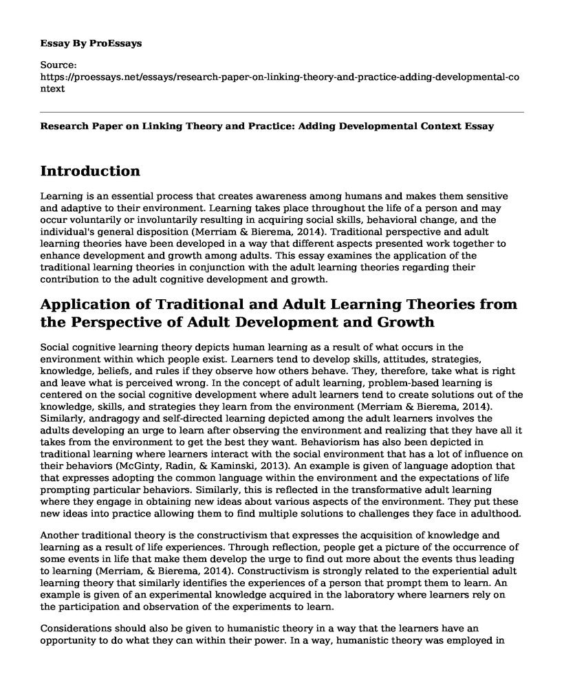 Research Paper on Linking Theory and Practice: Adding Developmental Context