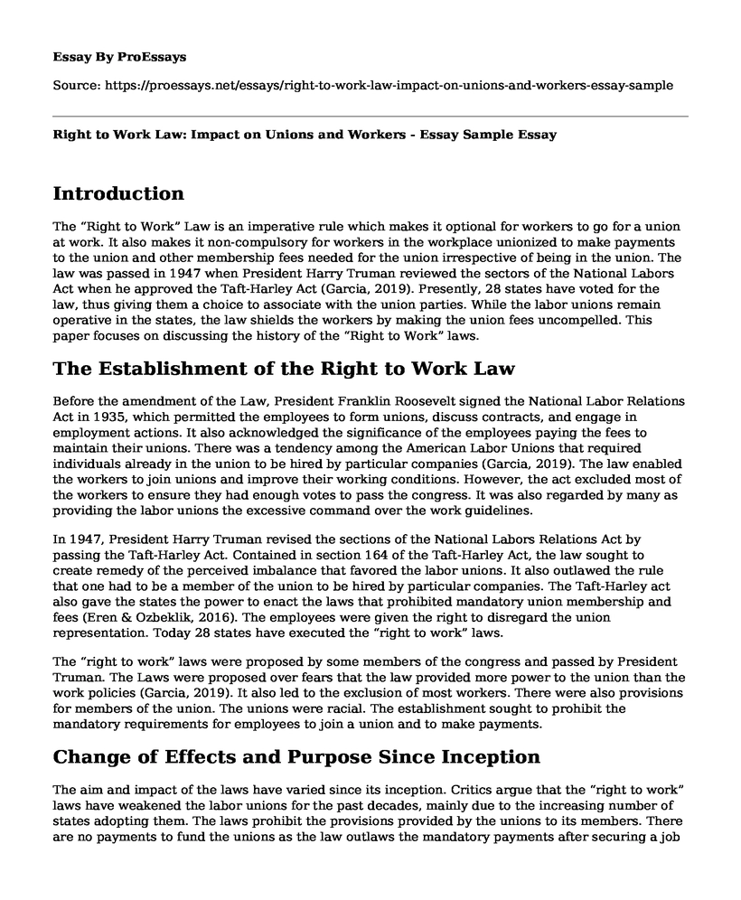 Right to Work Law: Impact on Unions and Workers - Essay Sample