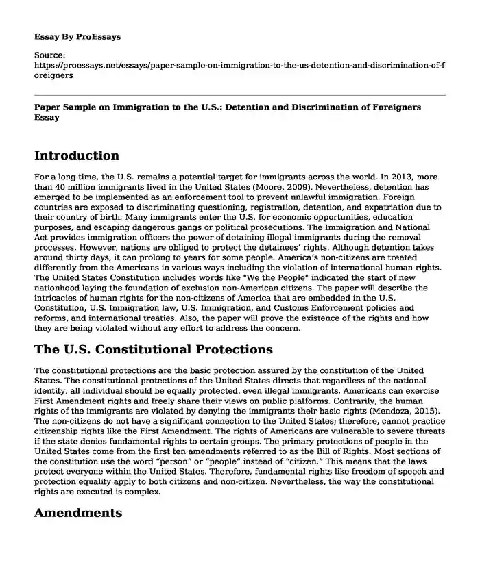 Paper Sample on Immigration to the U.S.: Detention and Discrimination of Foreigners