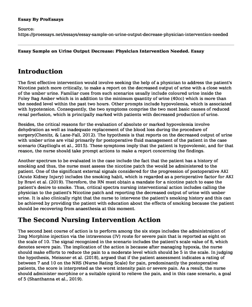 Essay Sample on Urine Output Decrease: Physician Intervention Needed.