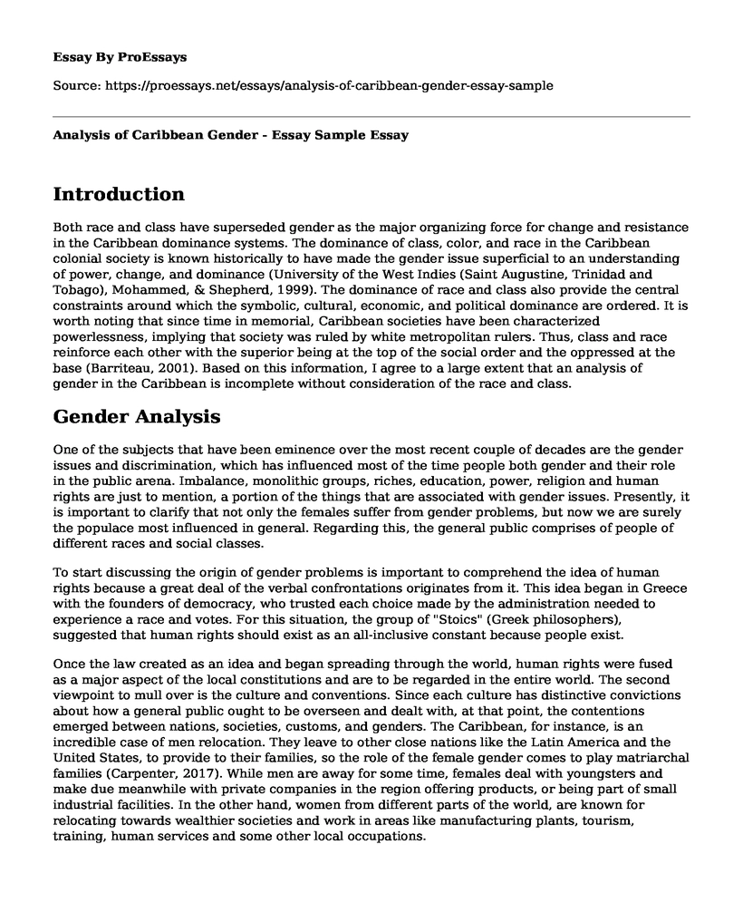 Analysis of Caribbean Gender - Essay Sample