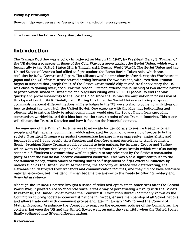 The Truman Doctrine - Essay Sample