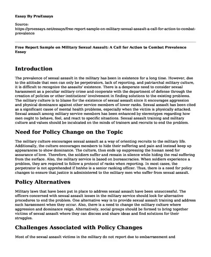 Free Report Sample on Military Sexual Assault: A Call for Action to Combat Prevalence