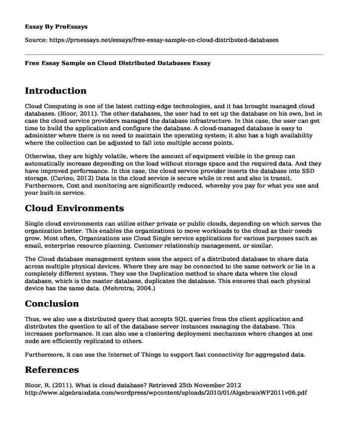Free Essay Sample on Cloud Distributed Databases