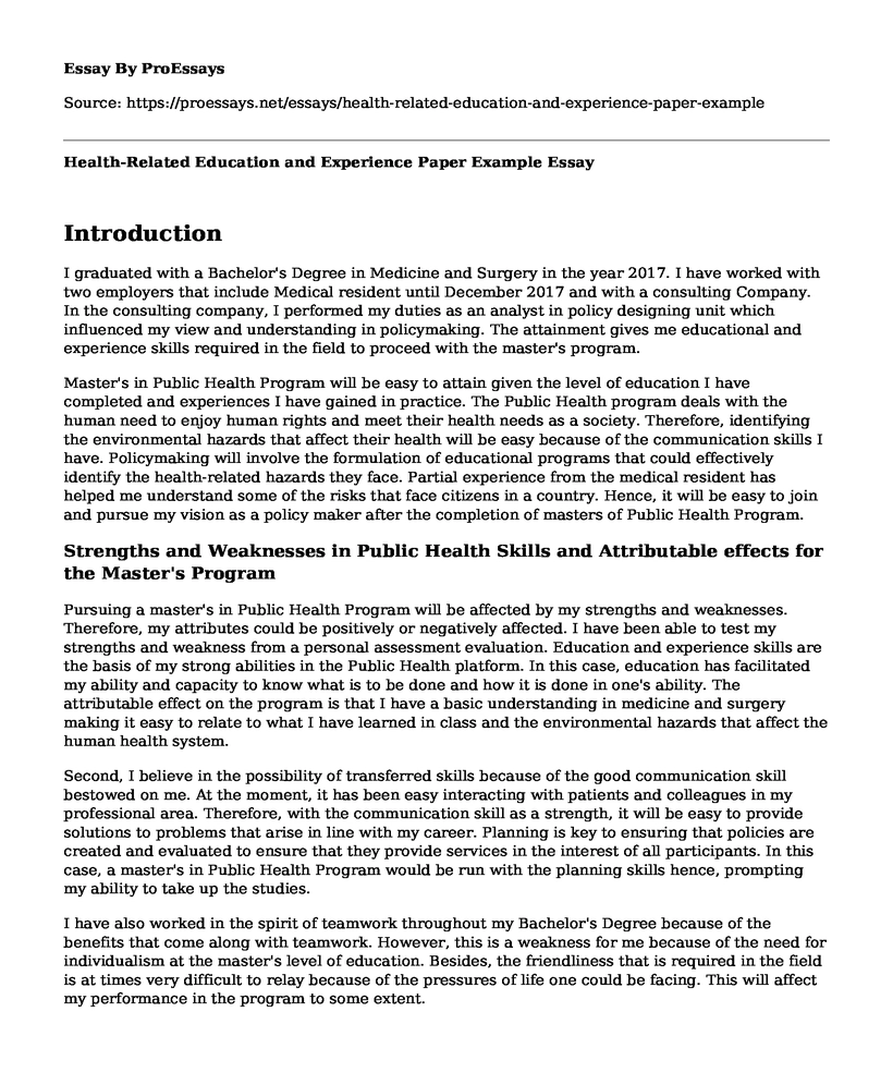 Health-Related Education and Experience Paper Example