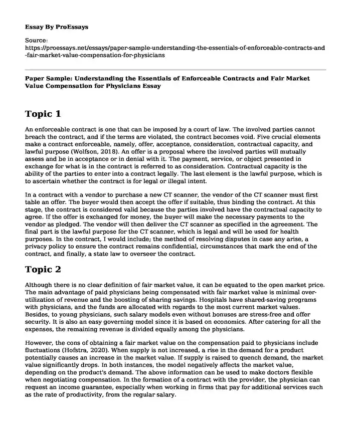 Paper Sample: Understanding the Essentials of Enforceable Contracts and Fair Market Value Compensation for Physicians