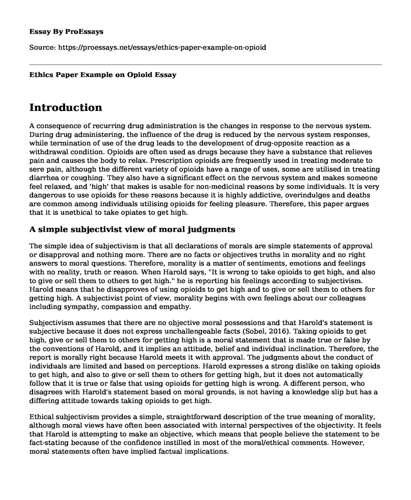 Ethics Paper Example on Opioid