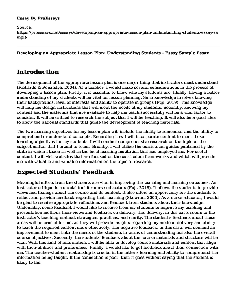 Developing an Appropriate Lesson Plan: Understanding Students - Essay Sample