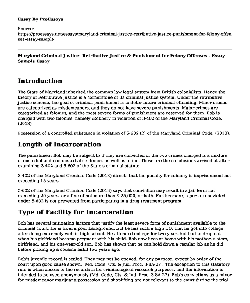 Maryland Criminal Justice: Retributive Justice & Punishment for Felony Offenses - Essay Sample