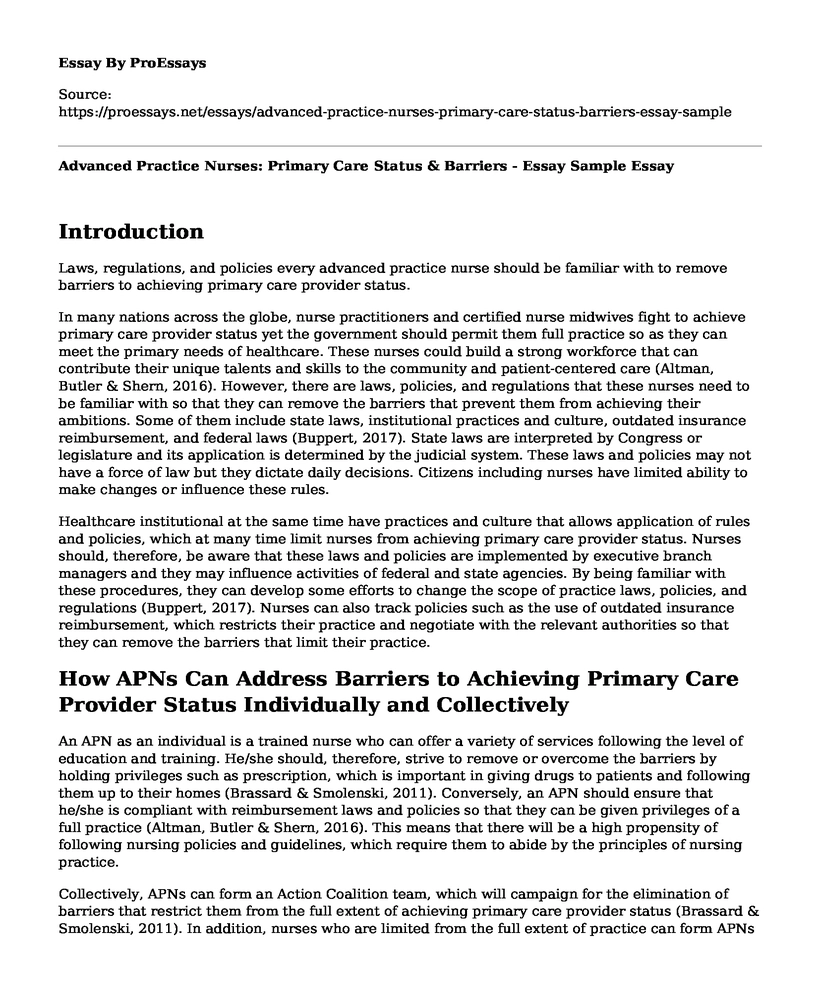 Advanced Practice Nurses: Primary Care Status & Barriers - Essay Sample