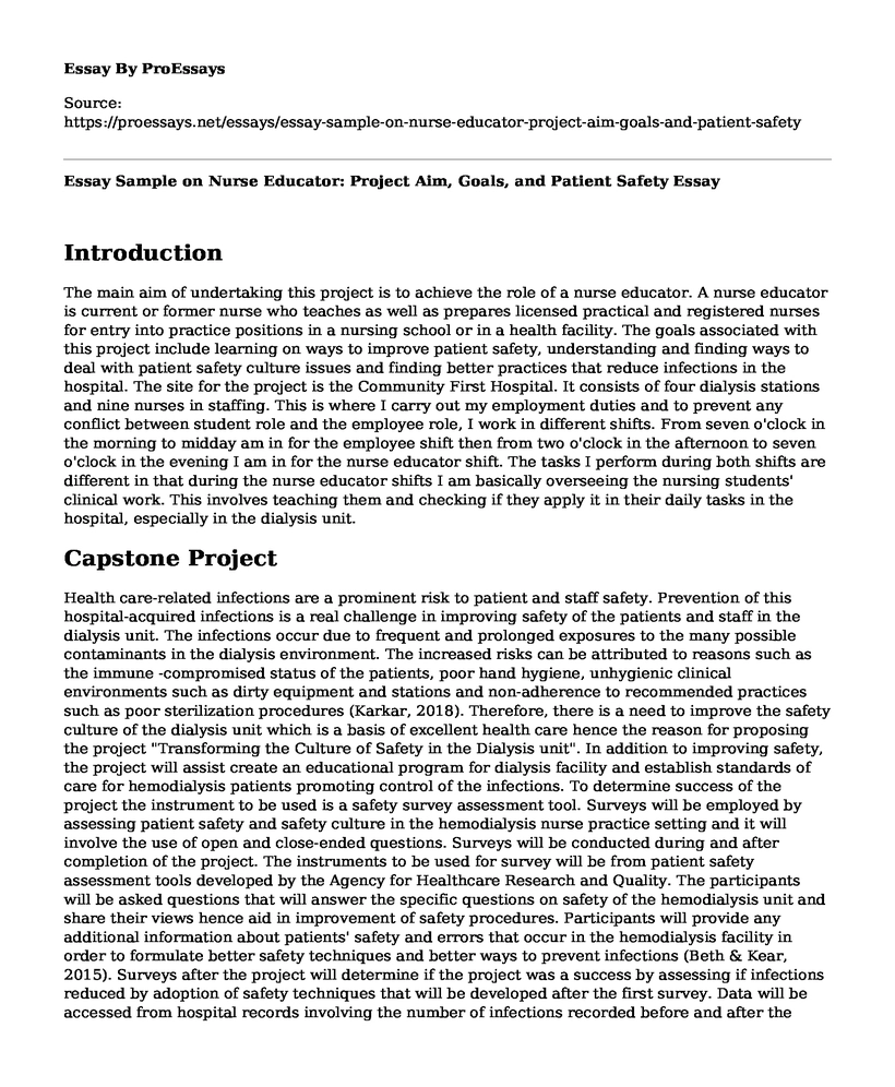 Essay Sample on Nurse Educator: Project Aim, Goals, and Patient Safety