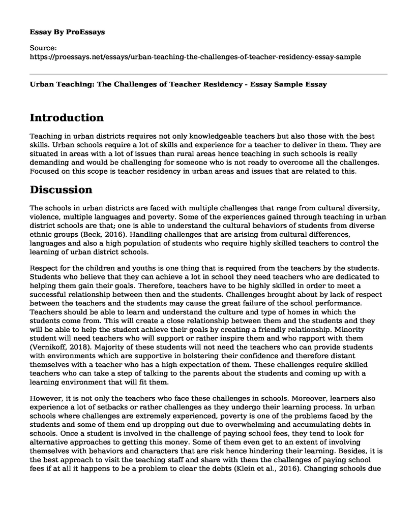 Urban Teaching: The Challenges of Teacher Residency - Essay Sample