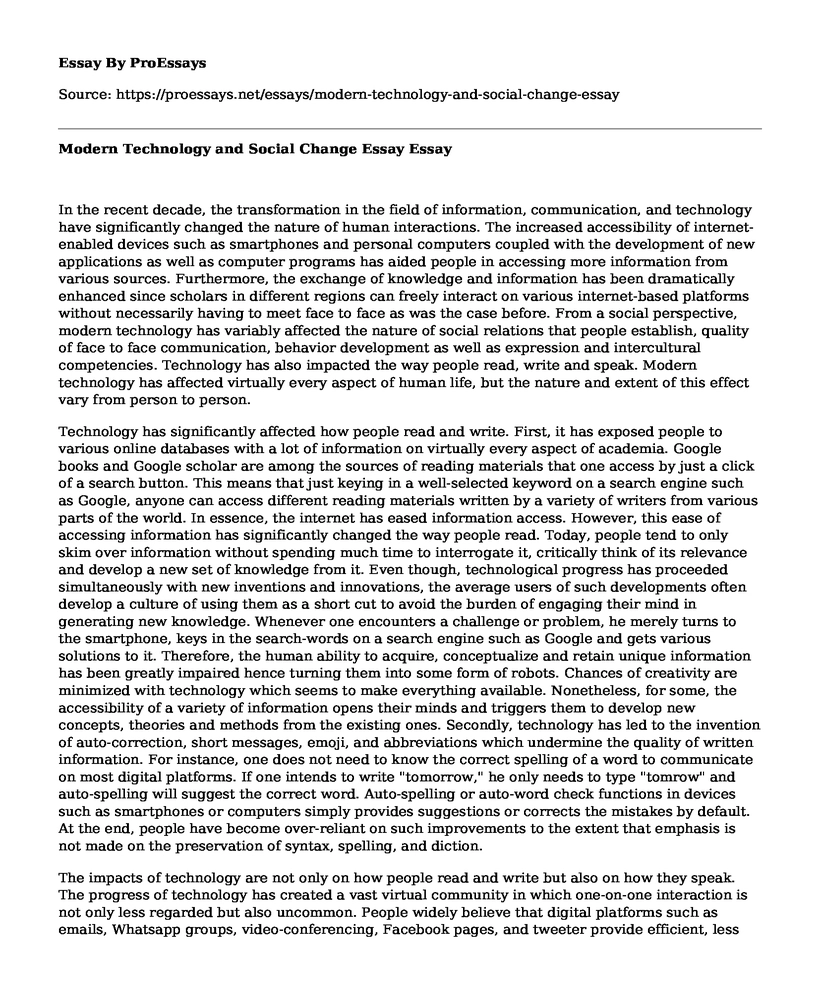 Modern Technology and Social Change Essay