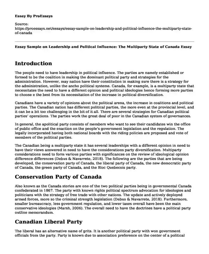Essay Sample on Leadership and Political Influence: The Multiparty State of Canada