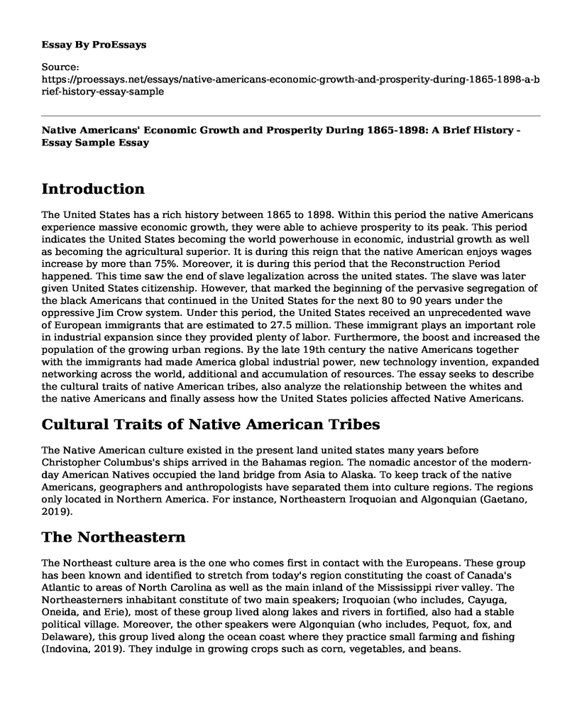 Native Americans' Economic Growth and Prosperity During 1865-1898: A Brief History - Essay Sample