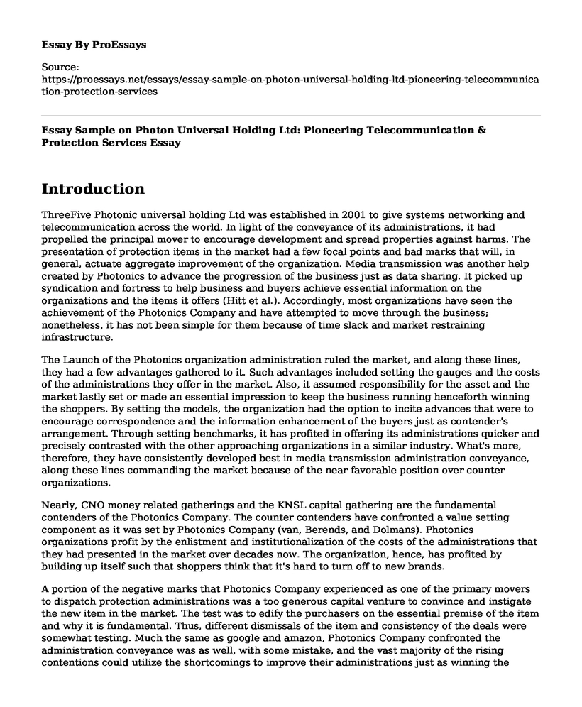 Essay Sample on Photon Universal Holding Ltd: Pioneering Telecommunication & Protection Services