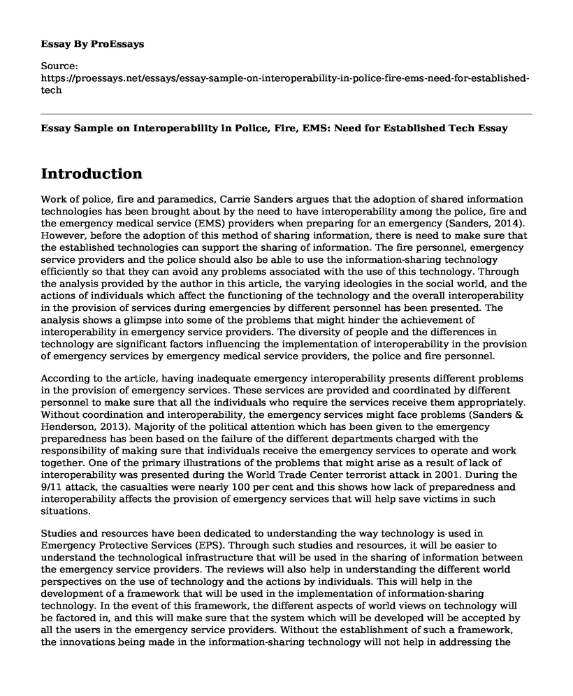 Essay Sample on Interoperability in Police, Fire, EMS: Need for Established Tech