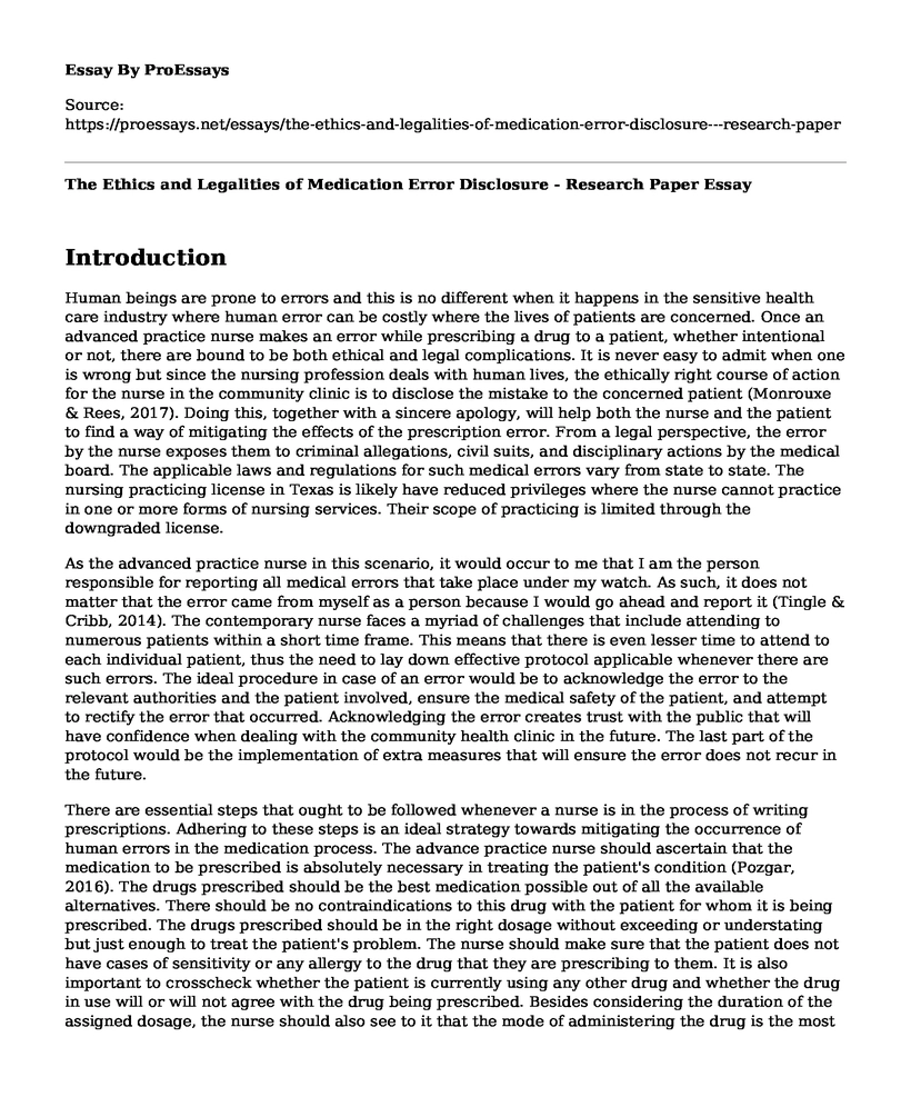 The Ethics and Legalities of Medication Error Disclosure - Research Paper