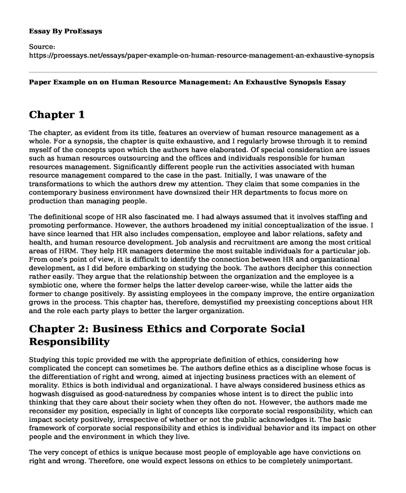 Paper Example on on Human Resource Management: An Exhaustive Synopsis