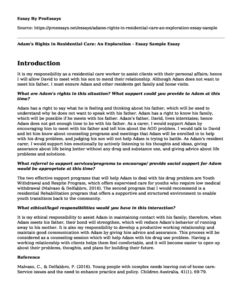 Adam's Rights in Residential Care: An Exploration - Essay Sample