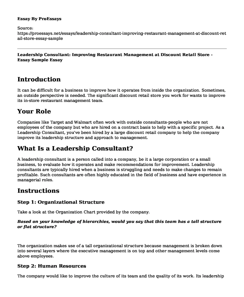 Leadership Consultant: Improving Restaurant Management at Discount Retail Store - Essay Sample